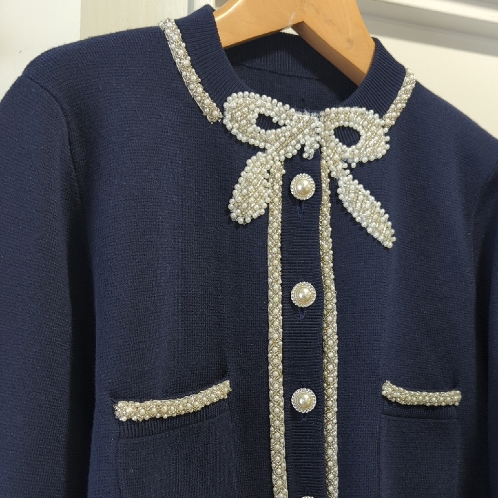 Navy Blue Cardigan and Slip Skirt Set with White Beaded Trim Details Size Medium - Picture 7 of 11